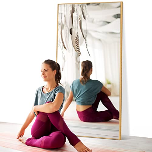 Image of NeuType 71 inchx32 inch Full Length Mirror with Standing Holder Aluminum Alloy Frame Floor Mirror Wall-Mounted Mirror for Living Room, Bedroom, Hanging or Leaning Against Wall, Golden (with Stand)