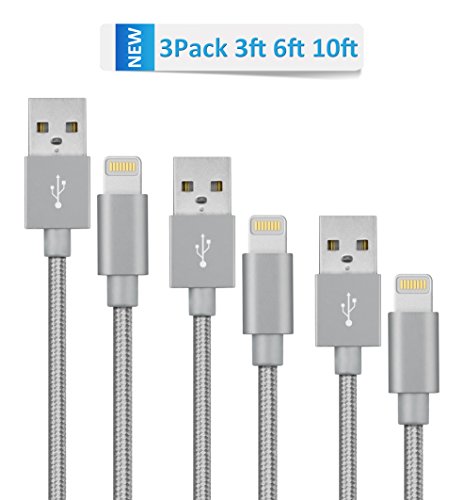 Novtech IPhone Charger 3'/ 6'/ 10' Durable Nylon Braided Lightning Cable For IPhone 7/7 Plus/6s/6s Plus/6/6 Plus/5s/5c/5 IPad Air IPad Mini IPod, Gray, 3 Piece Novtech IPhone Charger 3'/ 6'/ 10' Durable Nylon Braided Lightning Cable For IPhone 7/7 Plus/6s/6s Plus/6/6 Plus/5s/5c/5 IPad Air IPad Mini IPod, Gray, 3 Piece
