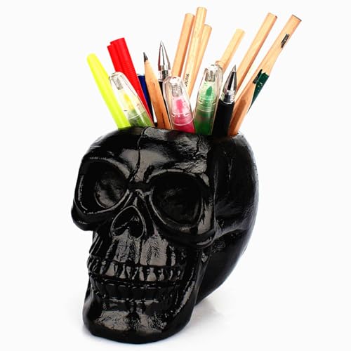 Image of RURUOGUK Skull Pen Pencil Holder Makeup Brush Holder Flower Pot Key Storage Home Office Decor, Gothic Resin Skeleton Container for Makeup, Keys, Jewellery, Stationery, Spare Coins, Candy (Black)