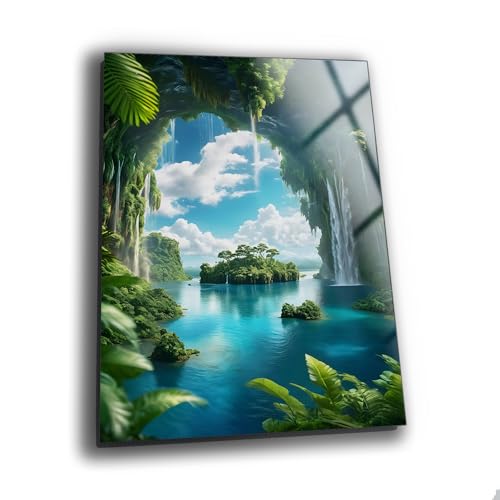 Tropical Fantasy Waterfall Island Wall Art - Mystical Cave Scenery, Dreamy Nature Decor Gift, Peaceful Waterfall Artwork for Unique Living Room and Bedroom, Ready to Hang (31.4' x 47.2' İnches)