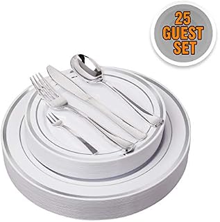 125 Pieces Premium Quality Heavyweight Tableware/Elegant Plastic Disposable dinnerware: 25 Dinner Plates, 25