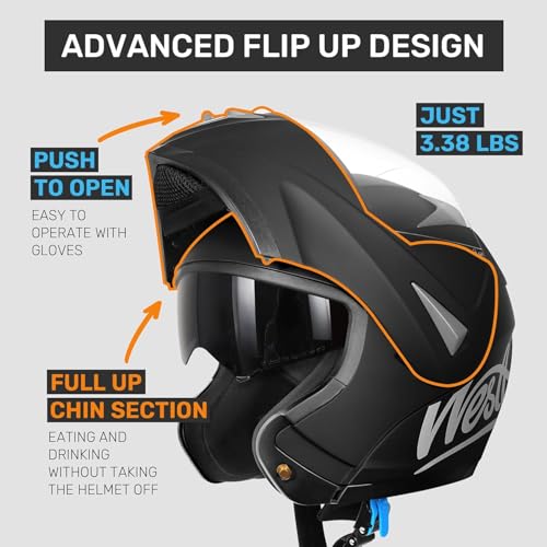 WESTT Torque kask motocyklowy z pełną twarzą I składany kask motocyklowy I odporność na uderzenia I kask z pełną twarzą dla mężczyzn i kobiet I kask skuterowy I test ECE , Czarny, L (59-60cm)