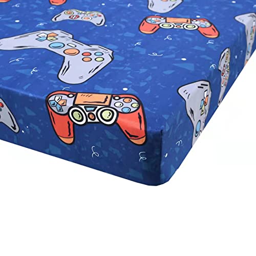 Sdiii 3Pcs Blue Gamer Print Full Size Sheet, Gamepad Bedroom Decor Fitted Sheet Set, For Teens Boys, Kids And Children #TOP1