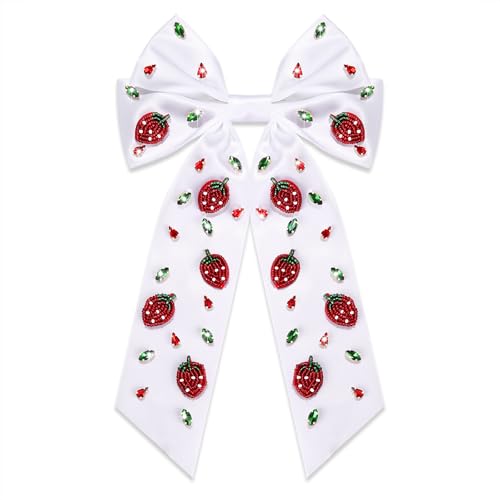 Strawberry Hair Bows for Women Summer Fruit Hair Bow Clips Big White Pink Hair Bows Crystal Jeweled Satin Hair Ribbons Spring Summer Fruit Accessories Gifts (White Strawberry)