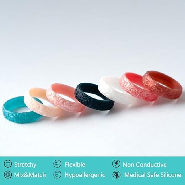 Zollen Women's Silicone Wedding Bands Set of 4/7 - Stackable Silicone Wedding Bands - Innovative Branches and Leaves Floral Collection