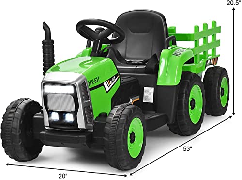 GLACER Kids Ride on Tractor with Trailer, 12V Battery Powered Electric Car w/Remote Control, 3-Gear-Shift, LED Lights, Music & USB, Ride on Toy Ground Loader (Green) - Thumbnail 2