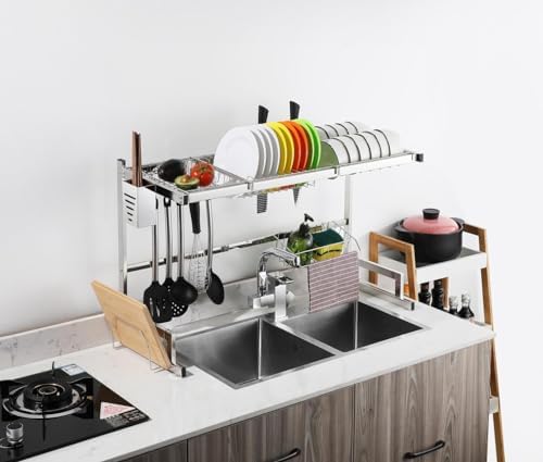 SEVVY Iron - Over The Sink Dish Drying Rack - 2-Tier Dish Dryer Rack - Kitchen Organiser - Storage Space Saver(85 Cm, Steel)