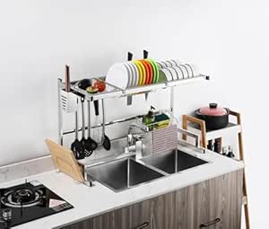 SEVVY Iron - Over The Sink Dish Drying Rack - 2-Tier Dish Dryer Rack - Kitchen Organiser - Storage Space Saver(85 Cm, Steel)
