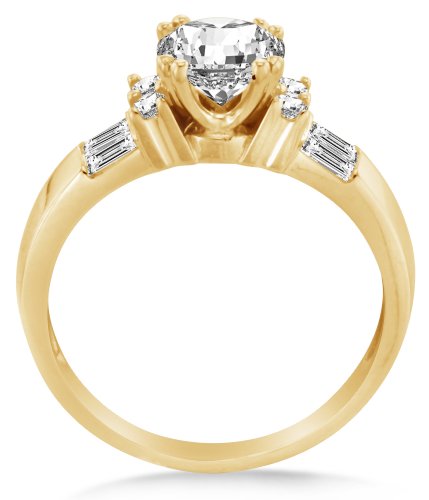 Size 6 - Solid 14K Yellow Gold Round Brilliant Cut Solitaire Center With Baguette Side Stones Highest Quality Cz Cubic Zirconia Engagement Ring With Matching Wedding Band Bridal Two Ring Sets (2.5Cttw. , 1.0Ct. Center Stone) #TOP5