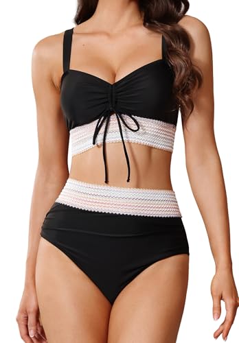 Trifabricy Womens High Waisted Bikini Sets, Two Piece Swimsuit for Women, Tummy Control Womens Swimsuits, V Neck Adjustable Straps Drawstring Bathing Suit for Women 2026, Black, Small