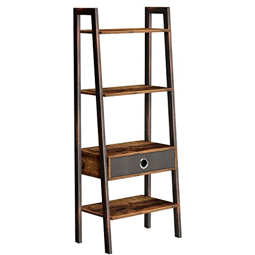 Rolanstar Ladder Shelf with Drawer, Wood Ladder Bookshelf, 4-Tier Leaning Utility Organizer Shelves, Rustic Hand Painted Metal Frame, 54.5”x21.1”x13.5” Shelf for Living Room, Office Room, Rustic Brown Rolanstar Ladder Shelf with Drawer, Wood Ladder Bookshelf, 4-Tier Leaning Utility Organizer Shelves, Rustic Hand Painted Metal Frame, 54.5”x21.1”x13.5” Shelf for Living Room, Office Room, Rustic Brown