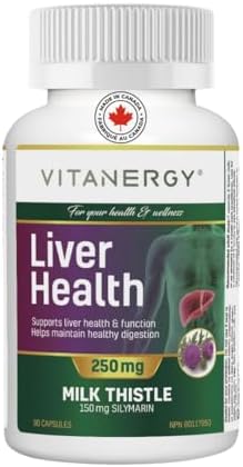 Vitanergy Liver Health – Proudly Made in Canada - Liver Health Support with Milk Thistle, Dandelion & Turmeric - 250mg, 90 Capsules - Non-GMO, Gluten-Free, Easy to Swallow