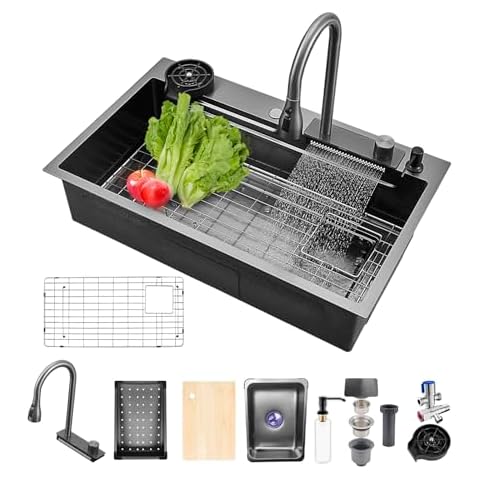 BIGYOUZI Waterfall Sink Stainless Steel Kitchen Renovation Pool Single Sink Washing Vegetables and dishwashing Countertop with Protectors Grid etc Accessories (30x20x8IN, Black) Cover