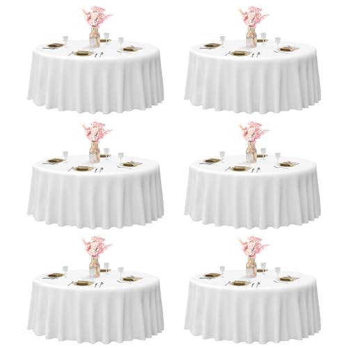 EMART Round Tablecloth (6 Pack) 132 inch White Circular Polyester Table Cover for Wedding Decor, Birthday Party, Banquet and Formal Events by EMART - Used condition - CA$83.51