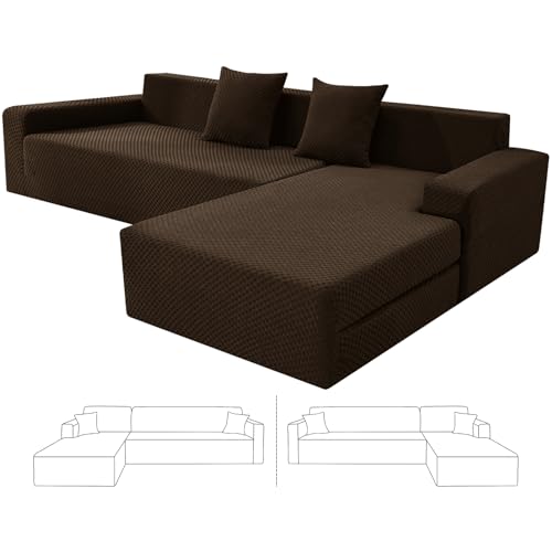 ZNSAYOTX Sectional Couch Covers, Stretch Jacquard Slipcovers with Elastic Bottom for L-Shape Sectional Sofa, 2 Pcs Pet Friendly Modular Sofa Protector (3 Seat Couch + 2 Seat Chaise, Dark Coffee)