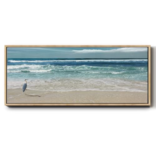 Renditions Gallery Floater Frame Nature Prints Heron Admiring Ocean Waves View Abstract Wall Hangings for Office Hotel School Decorations - 12"x30" Natural Frame LT619