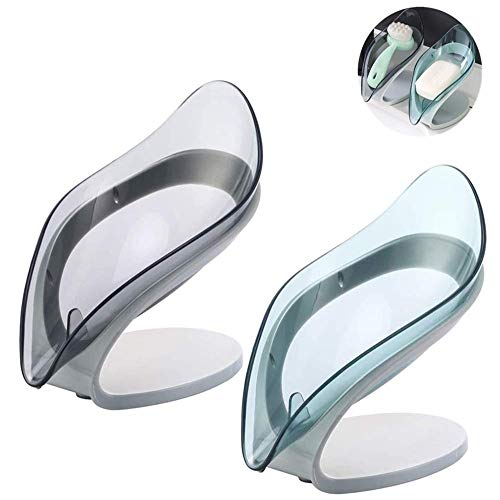 Viloga Leafology Seifenschale mit Abtropfschale, dekorativer Drainage-Seifenhalter für Dusche und Badezimmer, effektive selbstablaufende Seifenschalen, hält Seife trocken sauber (grün + grau, 2 Stück) Cover