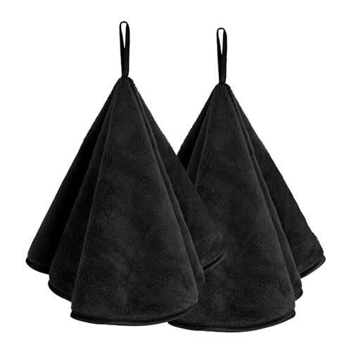 Image of VIVOTE 2 Pieces Microfibre Hand Towels, Super Soft & Absorbent Hanging Hand Towels for Kitchen & Bathroom,70 x 70cm Round Hand Towel with Hanging Loops, Black