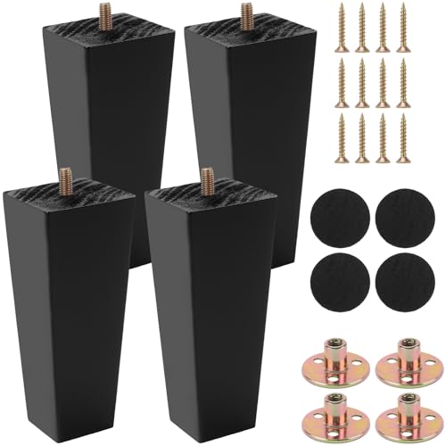 UNGFEI 4 patas de madera maciza para muebles de 15 cm, patas de sofá con placas de montaje, patas de repuesto negras para cama, silla, sofá, armario, alfombrilla mejorada de agarre incluida