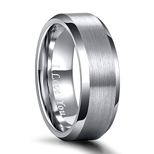 Greenpod 8MM Tungsten Carbide Engagement Rings for Men Engraved I Love You Beveled Edges Polish Wedding Band Women Comfort Fit Size 15 by Greenpod - Used condition - US$16.46