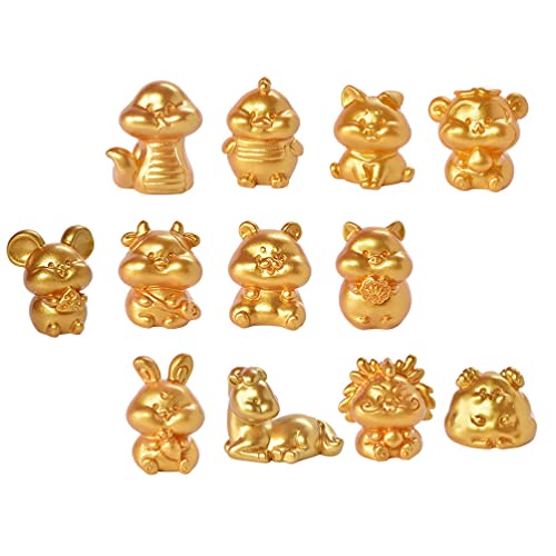 Happyyami 12Pcs Golden Chinese Zodiac Rooster Figurines Miniature Mascot Animal Sculpture Collectibles Statues Sculptures Chinese Feng Shui Lucky Decoration For Attract Wealth And Property #TOP14