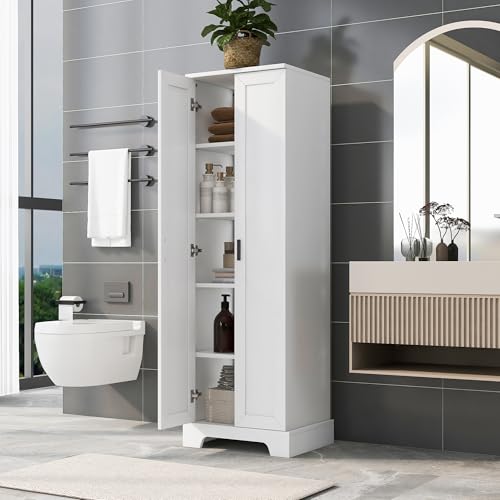 Llsmnba Bathroom Storage Cabinet, Freestanding Kitchen Pantry Cabinet with Doors & Adjustable Shelves, Anti-Tipping Device, White