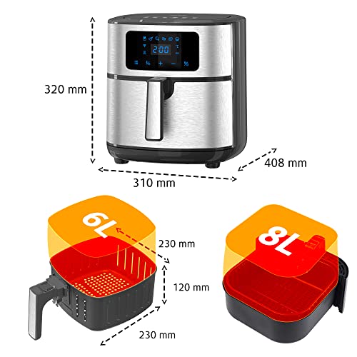 Foto von ICQN Heißluftfritteuse 8L XXL Friteuse Heissluft Fritteusen Air Fryer, Digitalem LED-Touchscreen, 6 Programmen, ohne ÖL, 1500W Fritteuse Airfryer, Fettfrei, Silber