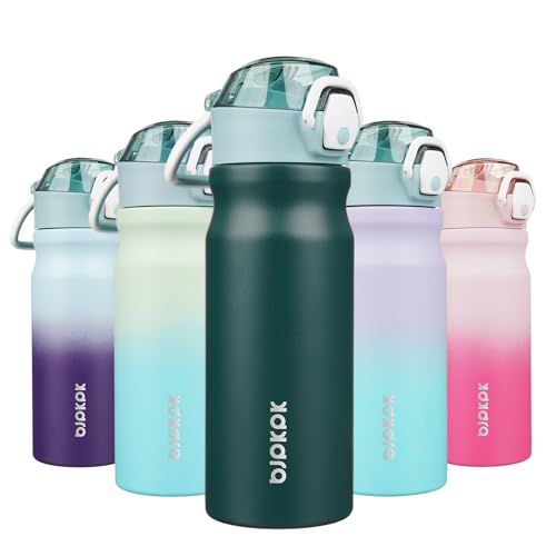 Image of BJPKPK 18 oz Water Bottle with Straw & Handle, Insulated Stainless Flask | Leak Proof Locking Lid, Thermal, Double Wall Vacuum, Keeps Hot /Cold, BPA Free, Dishwasher Safe, Travel & Sports, Army Green