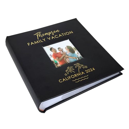 Personalized Photo Album, Custom Engraved Picture Album, Holds 200 4" x 6" Photos, Leatherette and Laser Engraved Scrapbook, Tropical Family Vacation with Palm Trees, Black