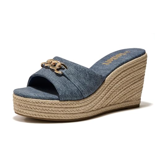 GotSoft Womens Wedge Slide Sandals Chain Decor Espadrille Platform Mules