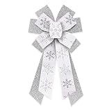 Large Christmas Wreath Bows, Christmas Glitter Silver Snowflakes Burlap Linen Bows for Wreath, Large Tree Topper Ribbon Bow for New Year Indoor Outdoor Xmas Party Decoration Wreath Ornament Supplies