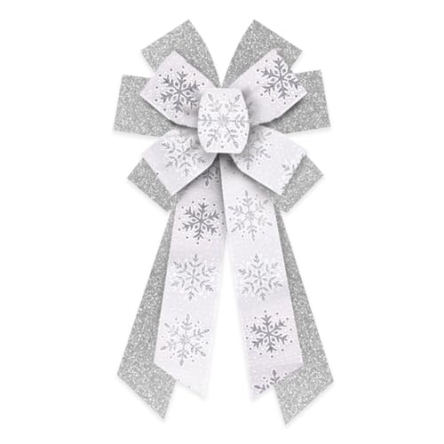 Large Christmas Wreath Bows, Christmas Glitter Silver Snowflakes Burlap Linen Bows for Wreath, Large Tree Topper Ribbon Bow for New Year Indoor Outdoor Xmas Party Decoration Wreath Ornament Supplies