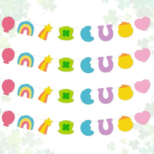 Qimgic St. Patrick's Day Banner - 4pcs Lucky Charms Hanging Garland Decoration, No DIY Needed Green Shamrock Clover Party Supplies Hang Paper Bunting for Home Classroom Fireplace Wall 8.5 Feet