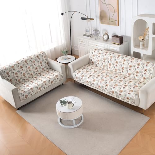 Image of HOKIPO Wildflower Breeze Quilted Sofa Cover 3 Seater and 2 Seater with Tassels Set - 5 Seater Sofa Cover (3+2) for Seat & Back | 'Tassel Twigs' Series (IN-991-T7 + IN-990-T7)
