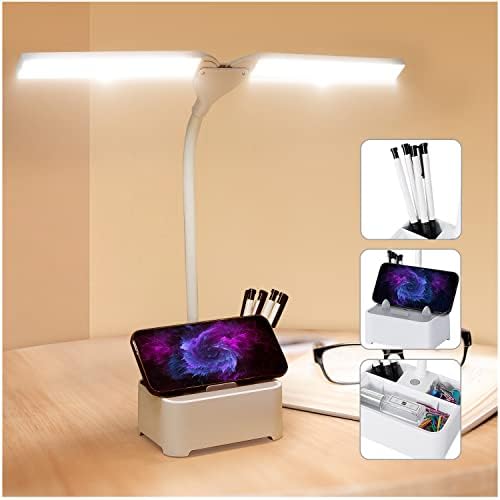 Nestling Desk lamp Double Head LED Eye-Caring Dimmable Table Light with USB Rechargeable Battery 3 Light Modes Stepless Adjustment Desktop Light for Reading, Work, Study, Home, Office, Dorm, Bedroom