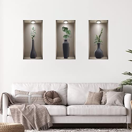 3D Wall Stickers Living Room, TOARTI 3D Wall Art Stickers, Realistic 3D Window View Scenery Wall Sticker, Vase Wall Decal, Plant Wall Stickers for Bedrooms Bathroom Kitchen Wall Decor(Set of 3,8X16)