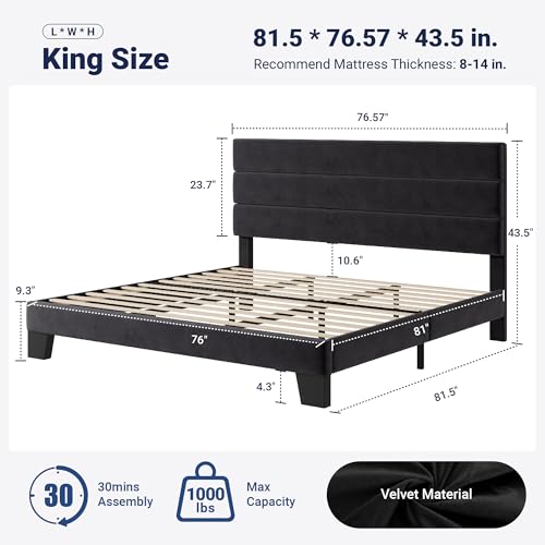 Image of Allewie King Size Platform Bed Frame with Velvet Upholstered Headboard and Wooden Slats Support, Fully Upholstered Mattress Foundation /No Box Spring Needed /Easy Assembly, Black