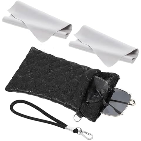 Exircy Double Soft Eyeglass Case with Cleaning Cloth Soft Eyeglass Case for Women Men Travel Eye Glass Cases Squeeze Top Sunglasses Pouch for Travel Storage Organizer (Black) Cover