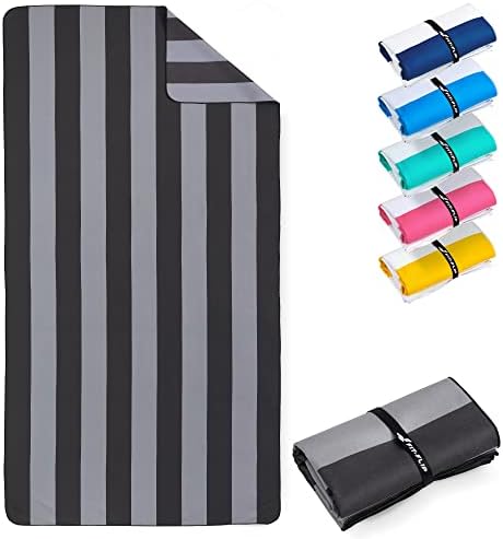 Fit-Flip Beach towel - large microfibre towel - lightweight, compact and super absorbent - sand free quick dry towel, 100% recycled microfibre travel towel  white-purple stripes 200x90cm