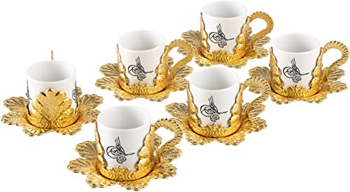 Hakan Handmade 2.36 oz Turkish Coffee Cups Set of 6, Authentic Porcelain Espresso Cups with Saucers, Fancy Arabic Greek Coffee Set, Bosnian Coffee Cup for Gift (Gold)