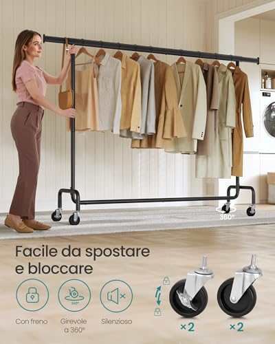 SONGMICS Stand Appendiabiti con Rotelle, Portabiti per Carico Pesante, Barra Estensibile, Portata 110 kg, 45 x (160-200) x 162,9 cm, Metallo Cromato, Nero Opaco HSR176B01 - Immagine 4