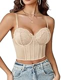 Avidlove Corset Tops for Women V Neck Lace Bustier Top with Underwired Adjustable Bralettes Crop Sexy Club Top Nude