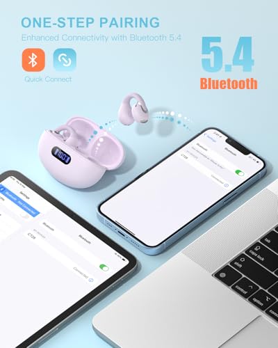 Image of Open Ear Clip Wireless Earbuds Bluetooth 5.4, Lightweight Comfort Sports Bone Conduction Headphones Built-in Mic for Clear Audio, Stable Fit Earphones 24H Play-Purple