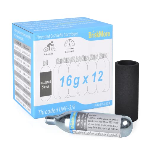 BriskMore Threaded CO2 Cartridges 16g - for All CO2 Bike Tire Inflators with Threaded Connection - Refill for Bicycle Tires - 12PCS Cartridges, Insulated Sleeve Included,Inflator Valve NOT Included. by BriskMore - Used condition - US$17.07
