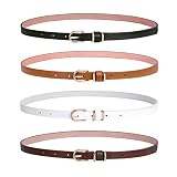 LEACOOLKEY 4 PACK Skinny Leather Belt for Women Dress Thin Waist Belt with Gold Buckle for Jeans