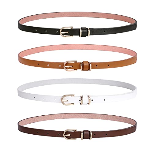 LEACOOLKEY 4 PACK Skinny Leather Belt for Women Dress Thin Waist Belt with Gold Buckle for Jeans - Main Image