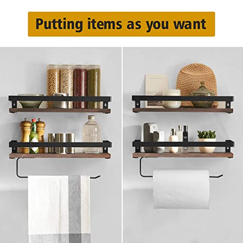 Besy Floating Shelves Wall Mounted Storage Shelves With Towel Rack Rails Bar, Paper Towel Holder With Shelf For Kitchen, Bathroom Tissue Roll Hanger, Matte Black Metal Frame, Set Of 2 Brown #TOP2