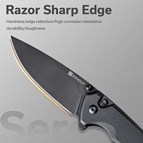 Sencut Button Lock Pocket Knife For Edc, Serene Folding Knife, Thumb Stud & Flipper Opener, Aluminum Handle With 3.48" D2 Black Stonewashed Blade For Outdoor, Camping, Hunting S21022B-1 (Black) #TOP3