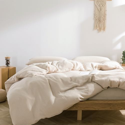 Image of VM VOUGEMARKET Beige Duvet Cover Queen Size - 3 Pieces Muslin Cotton 3-Layer Guaze Textured Bedding Set,Includes 1 Duvet Cover 90x90 Inches with Zipper Closure & 2 Pillowcases