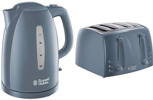 Russell Hobbs 21274 Textures Kettle, Plastic, 3000 W, 1.7 Litres, Grey with Hobbs 21644 Textures Toaster, Plastic, 850 W, Grey